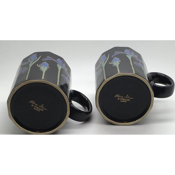 Otagiri Mug Blue Iris Flowers Black Gold Accents  Coffee Tea Mug Cup Japan x 2 - Picture 3 of 4